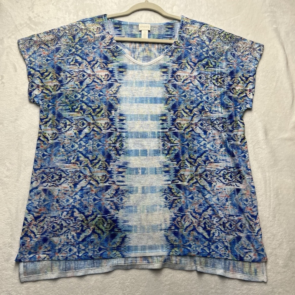 Chico's Vneck Shirt Womens XL/16 (3) Artsy Summer Boho